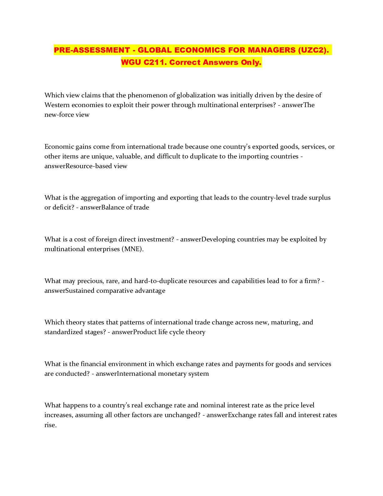 Preview of PRE-ASSESSMENT - GLOBAL ECONOMICS FOR MANAGERS (UZC2). WGU C211. Correct Answers Only.